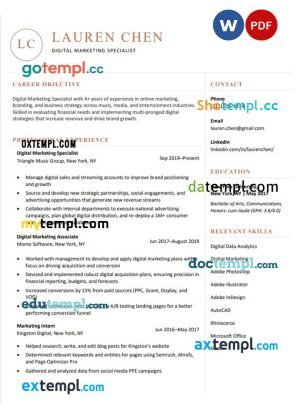 digital marketing specialist unique resume Word and PDF download template