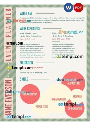 event planer resume Word and PDF download template