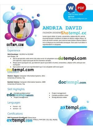 fashion designer colorful resume Word and PDF download template