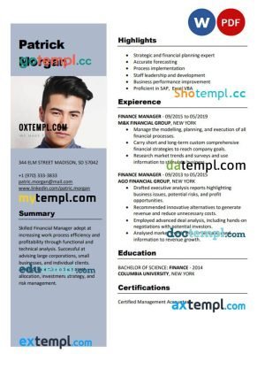 finance manager resume Word and PDF download template