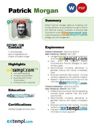 financial manager modern resume Word and PDF download template