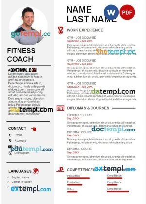 fitness coach resume Word and PDF download template