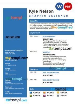 graphic designer blue resume Word and PDF download template