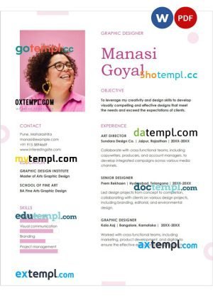 graphic designer pink resume Word and PDF download template