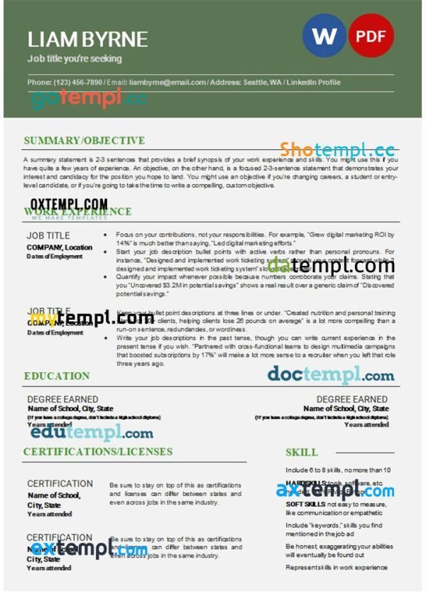 green modern resume Word and PDF download template