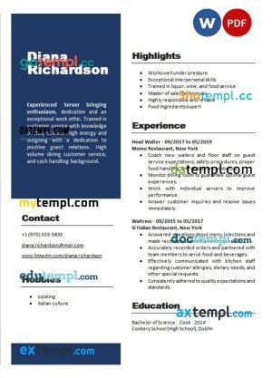 head waiter new resume Word and PDF download template
