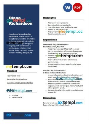 head waiter resume Word and PDF download template
