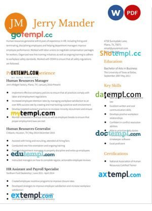 human resources manager resume Word and PDF download template