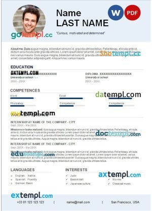 internship resume Word and PDF download template
