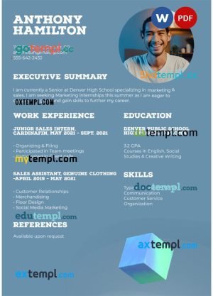 junior sales intern resume Word and PDF download template