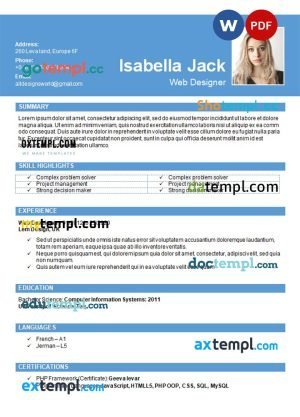 light blue web designer resume Word and PDF download template