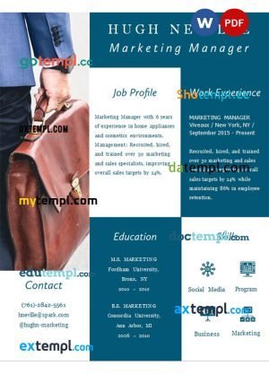 marketing manager blue resume Word and PDF download template
