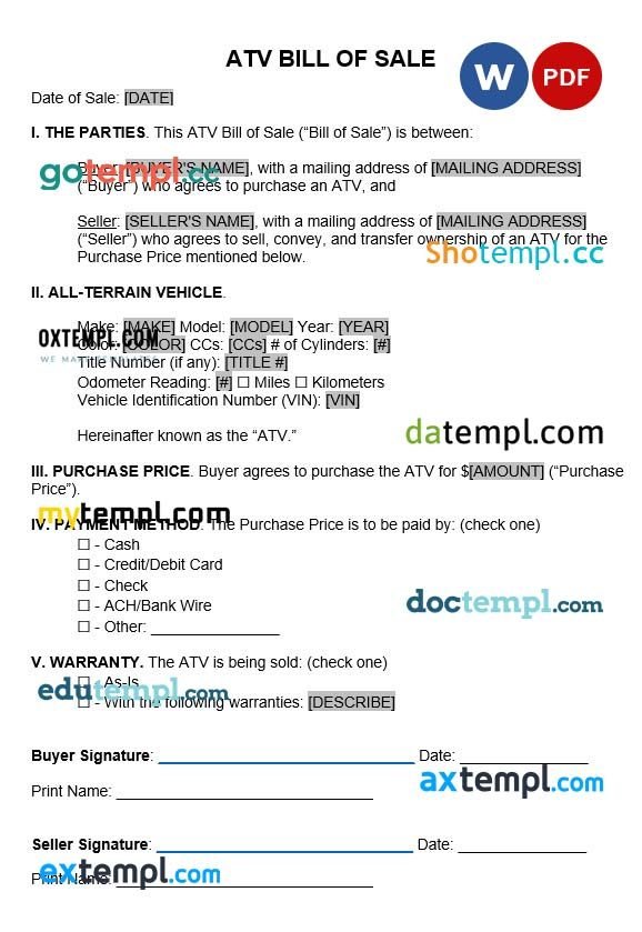 ATV Bill of Sale Agreement Form Word example, fully editable