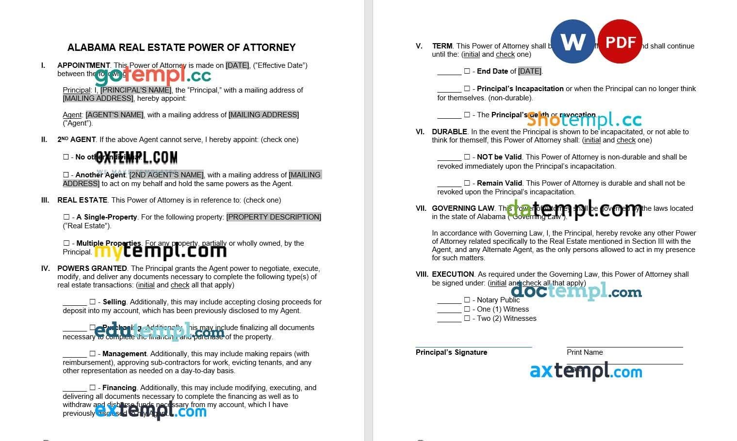 Alabama Real Estate Power of Attorney Form example, fully editable