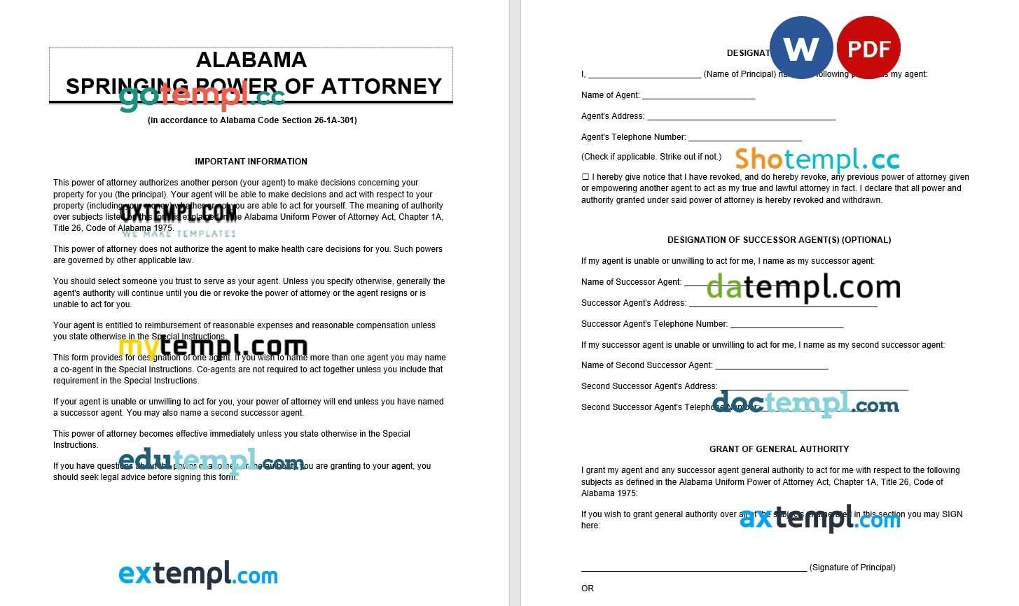 Alabama Springing Power of Attorney example, fully editable