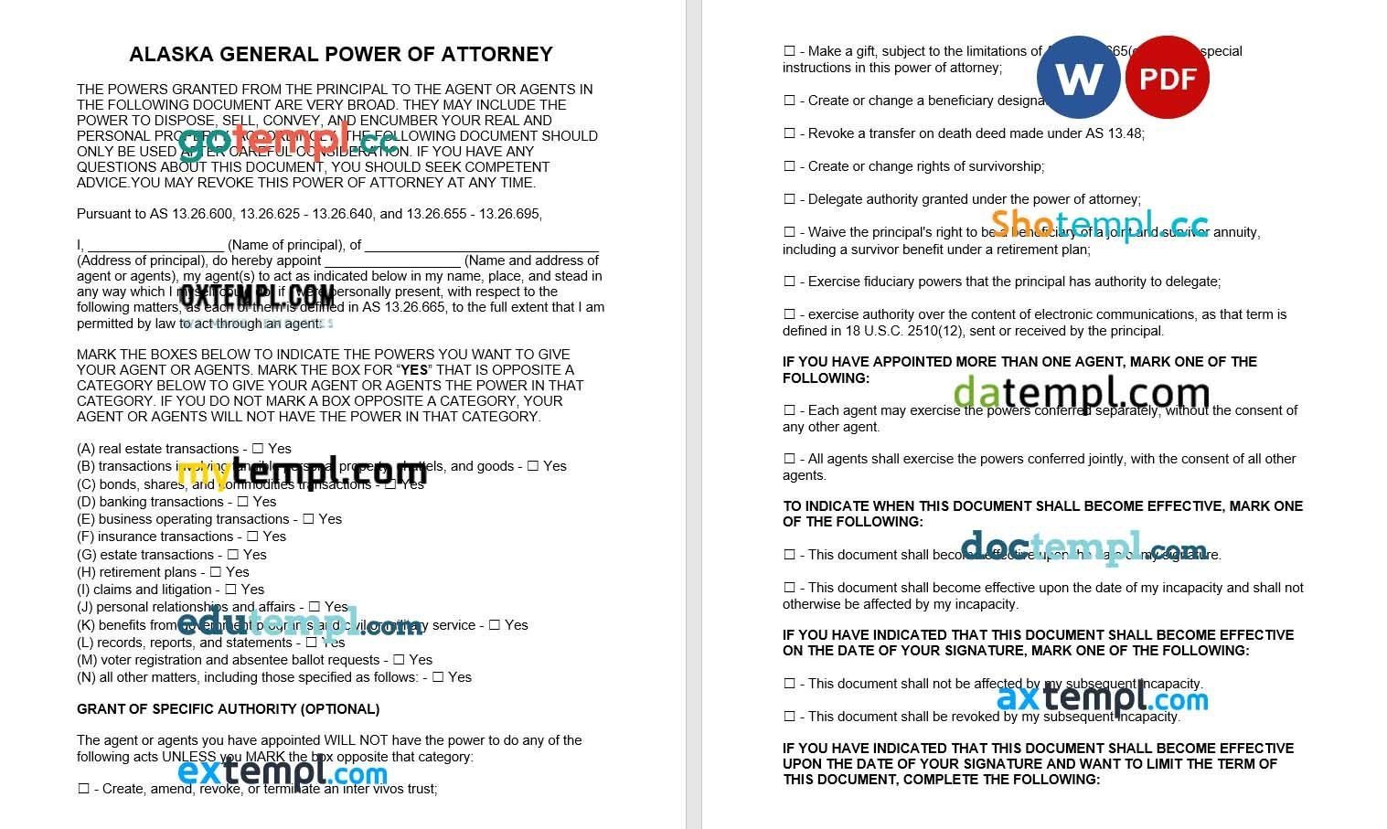 Alaska Durable General Statutory Power of Attorney Form example, fully editable