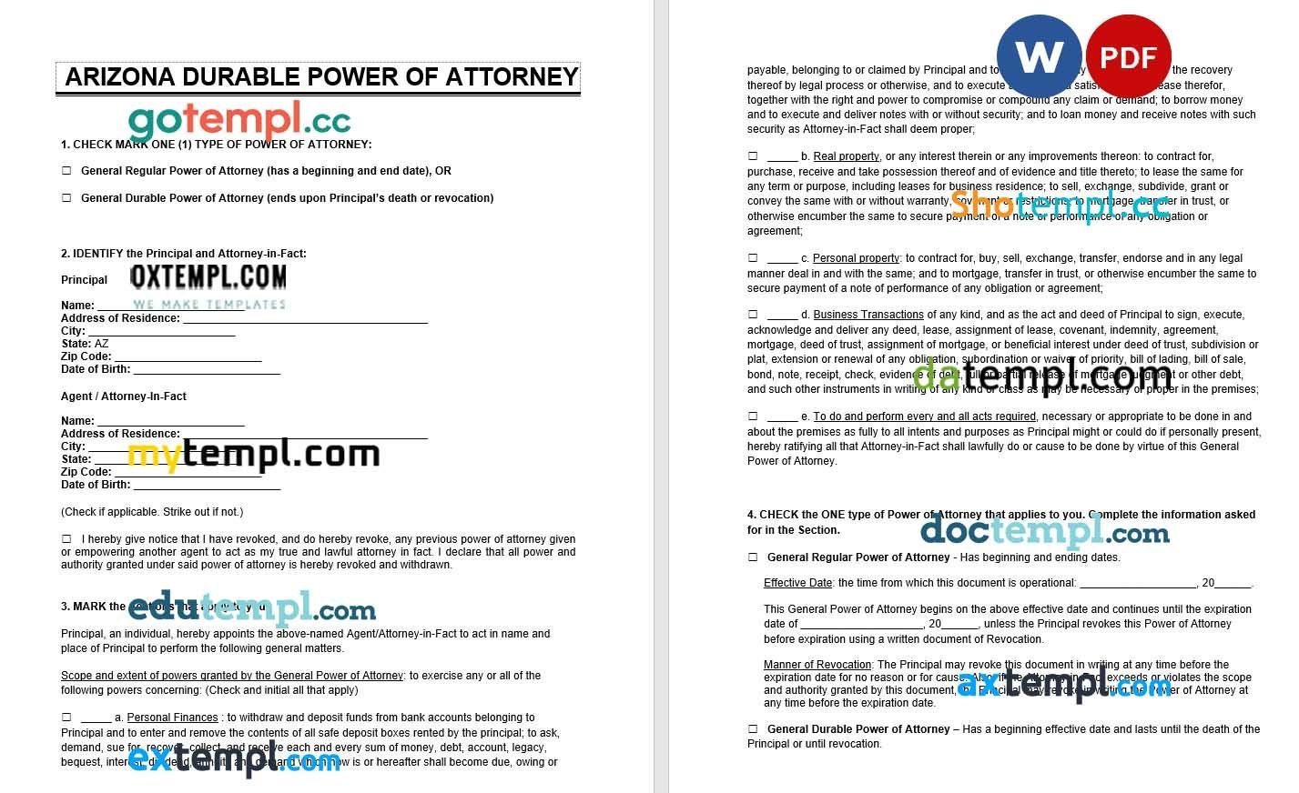 Arizona Durable Power of Attorney example, fully editable