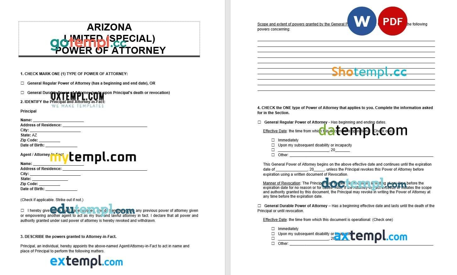 Arizona Limited Power of Attorney example, fully editable