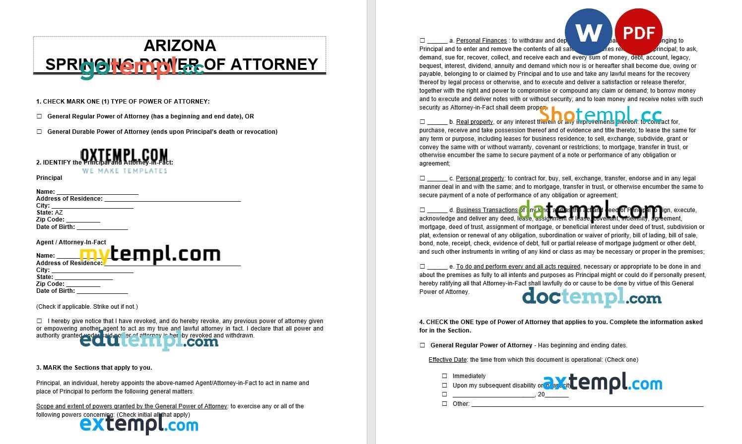 Arizona Springing Power of Attorney example, fully editable