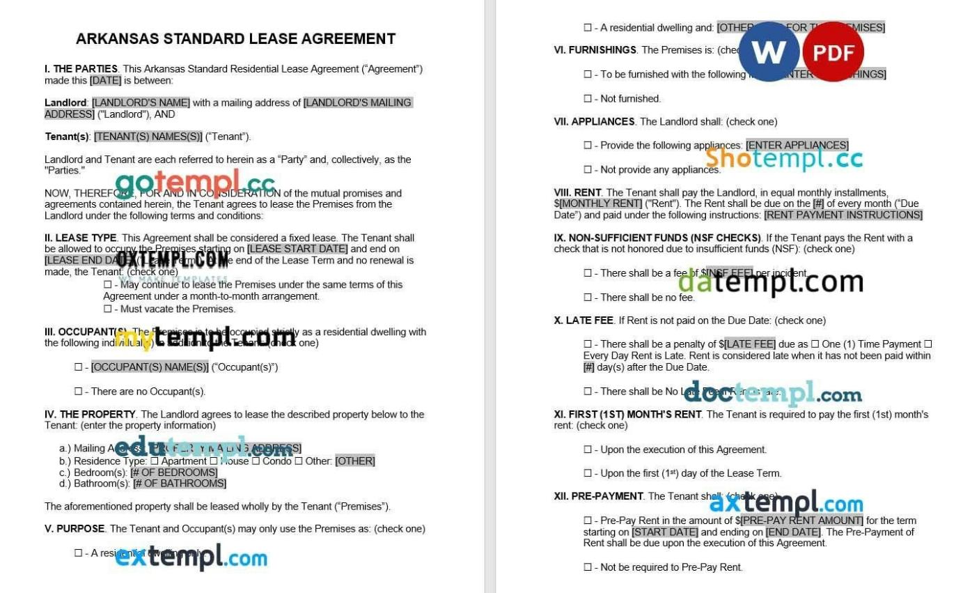 Arkansas Standard Lease Agreement Word example, fully editable
