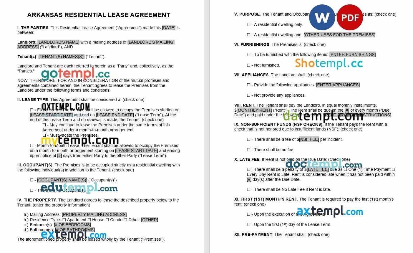 Arkansas standard Residential Lease Agreement Word example, fully editable