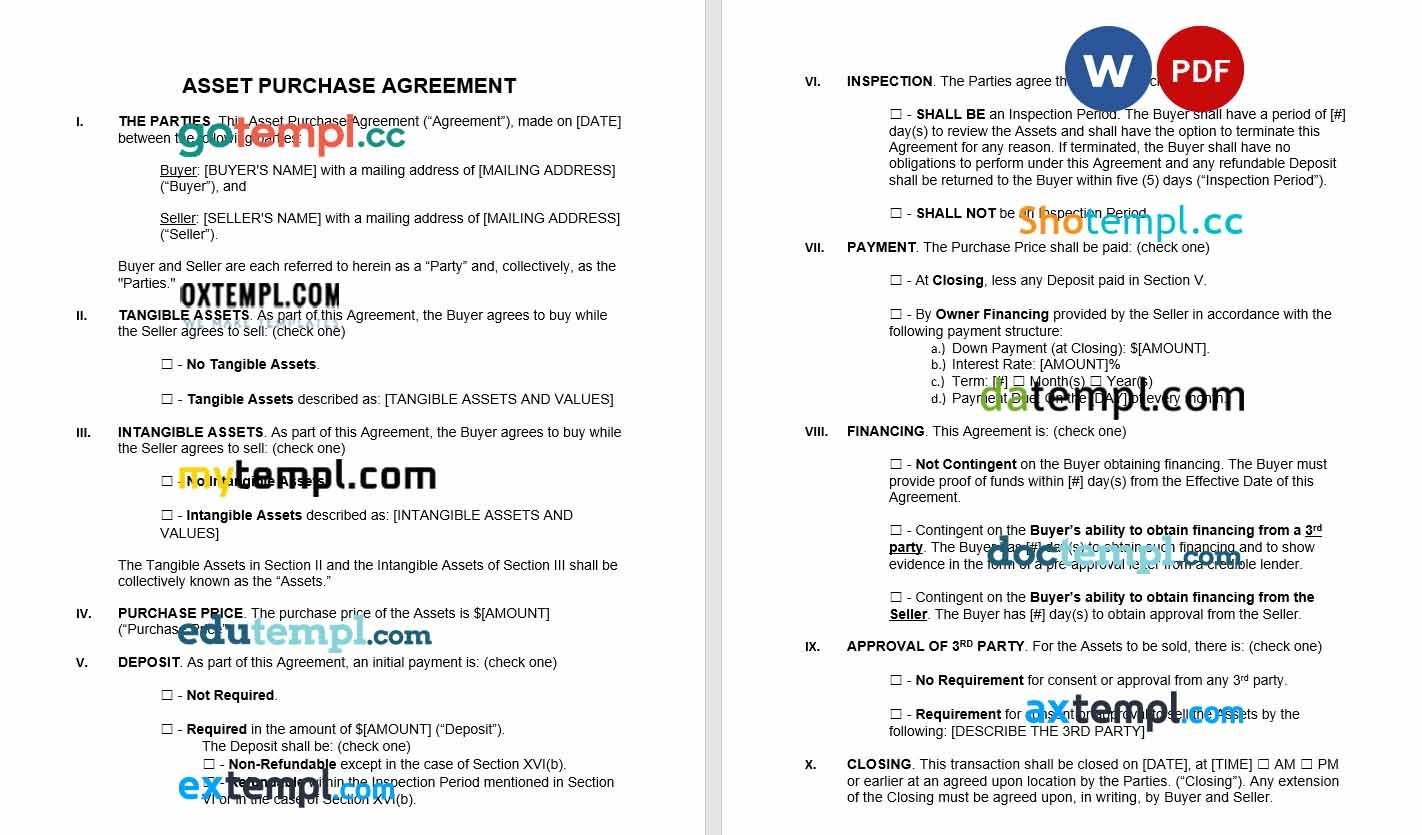 Asset Purchase Agreement Word example, fully editable