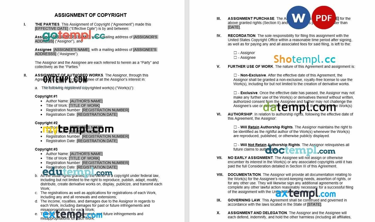 Assignment of Copyright Agreement Word example, fully editable
