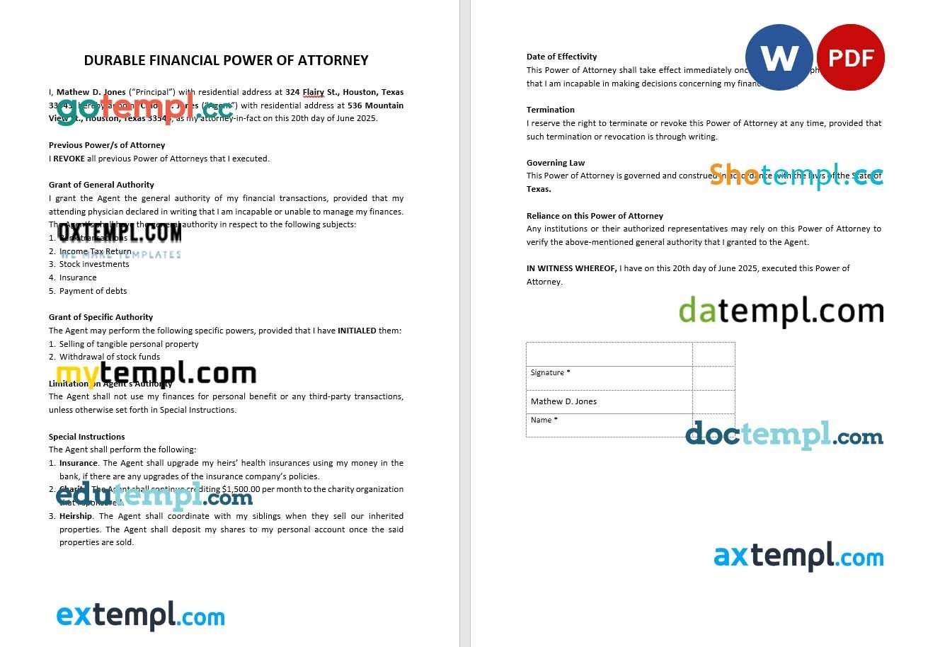 Blank Durable Power of Attorney Form example, fully editable