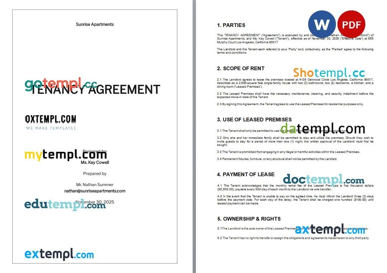 Blank Tenancy Agreement Word example, completely editable