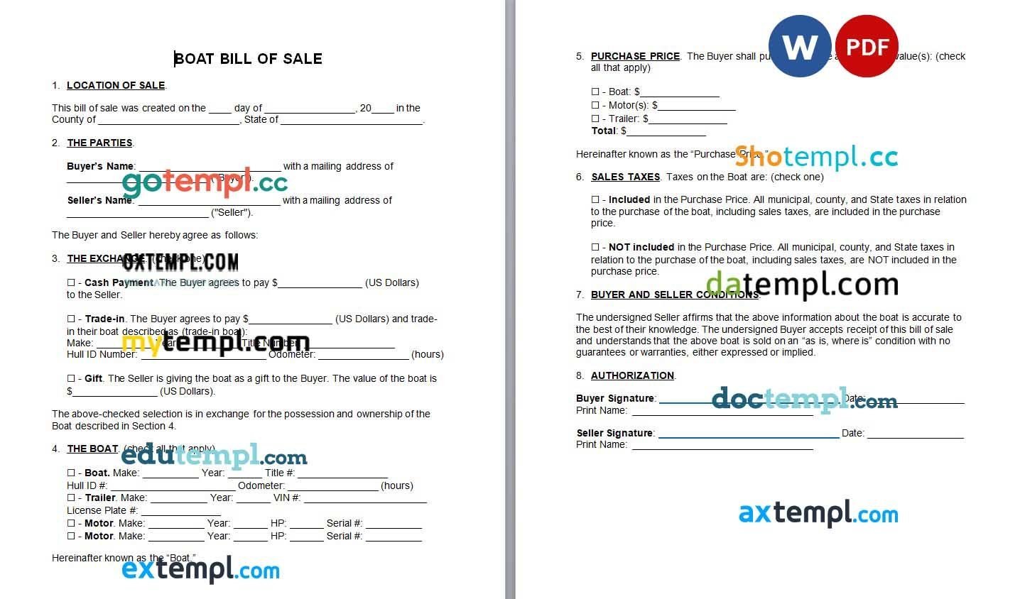Boat Bill of sale Word example, fully editable