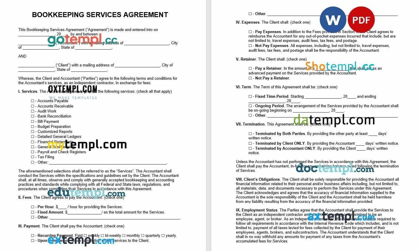 Bookkeeping Services Agreement Word example, fully editable