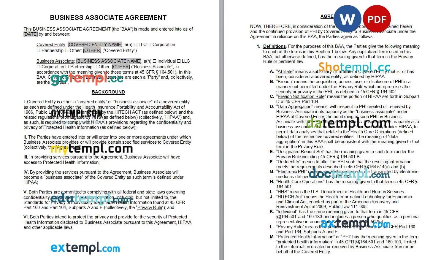 Business Associate Agreement HIPAA Word example, fully editable