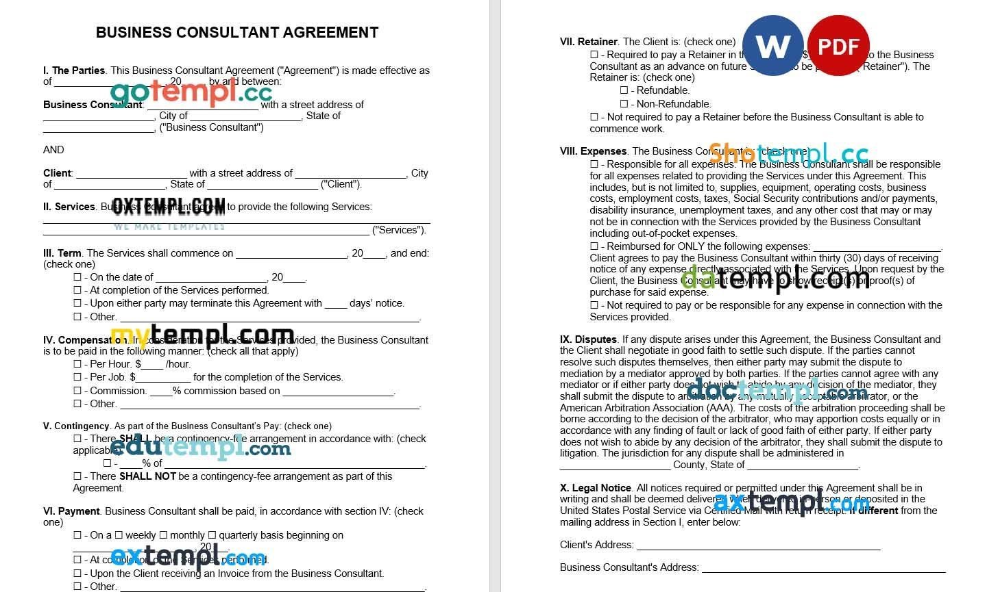 Business Consultant Agreement Word example, fully editable