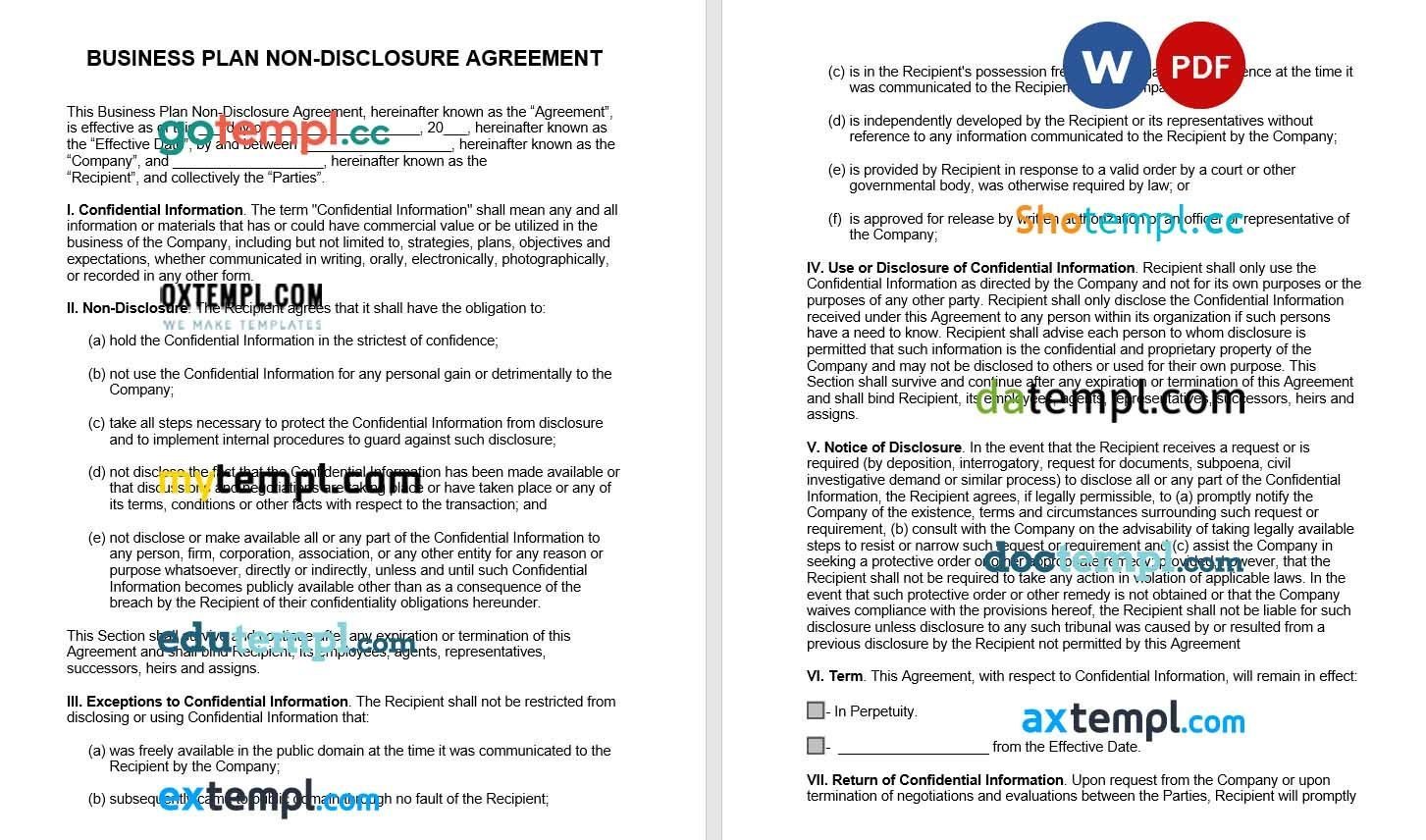 Business Plan Non-Disclosure Agreement Word example, fully editable