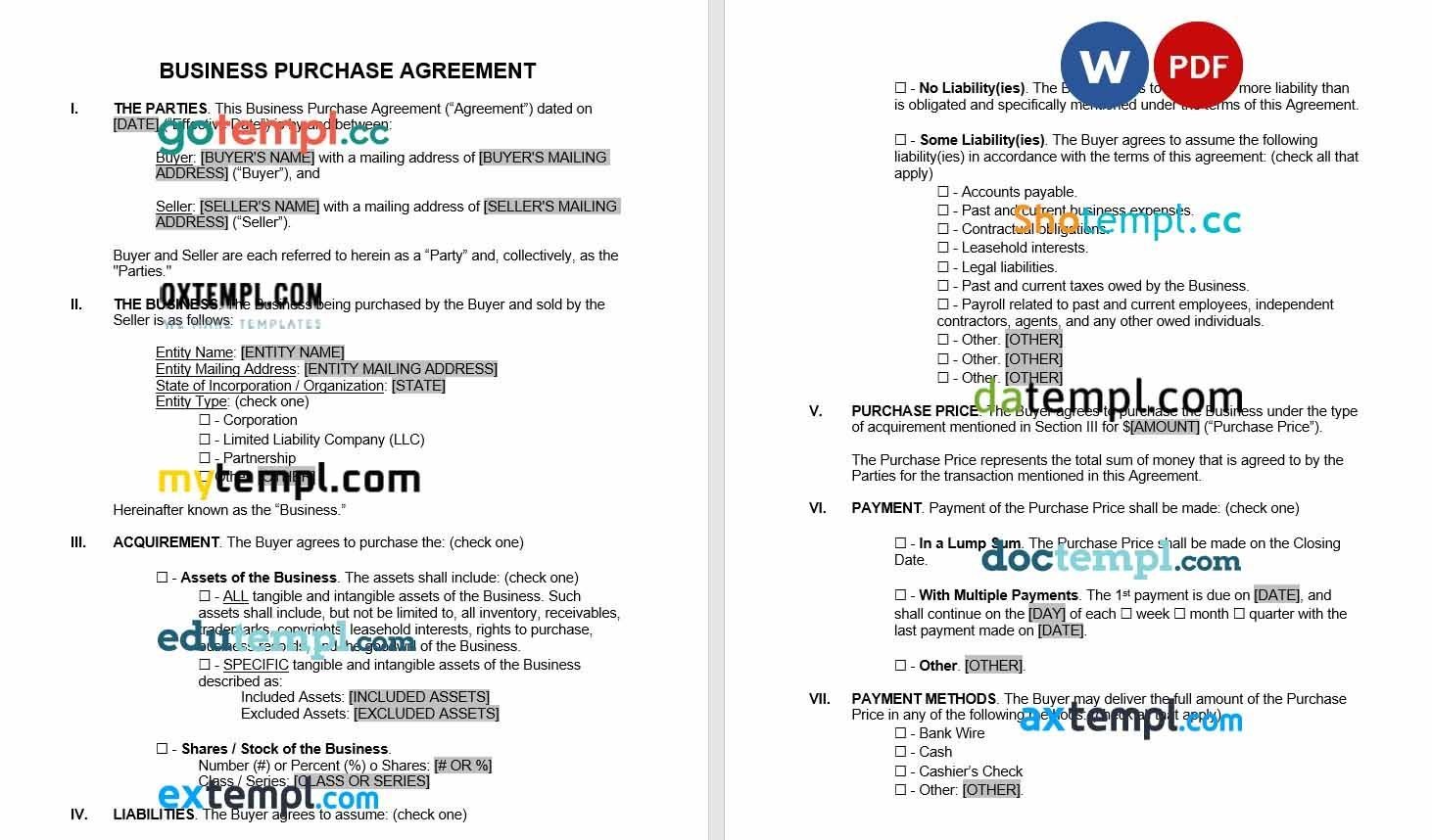 Business Purchase Agreement Word example, fully editable