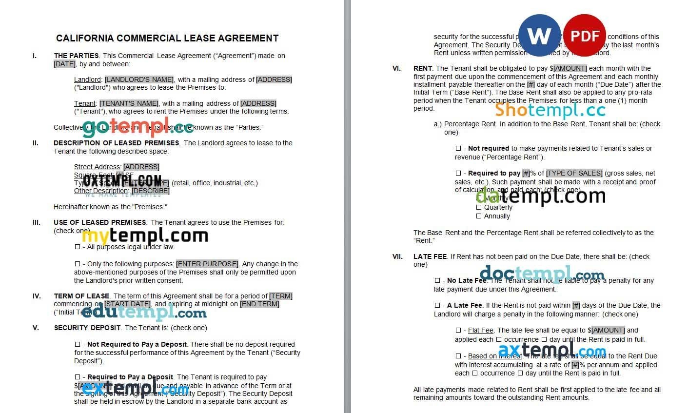 California Commercial Lease Agreement Word example, fully editable