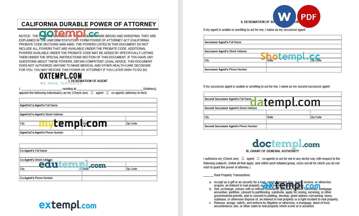 California Durable Power of Attorney example, fully editable
