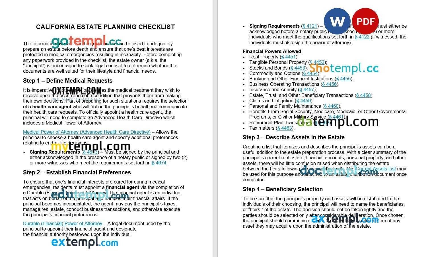 California Estate Planning Checklist example, fully editable
