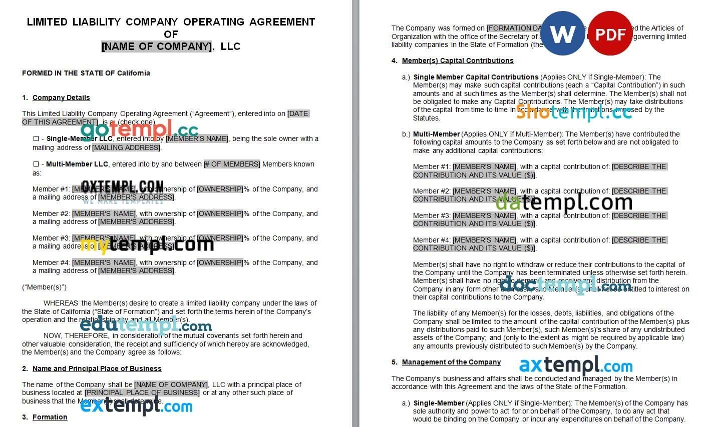 California LLC Operating Agreement Word example, fully editable