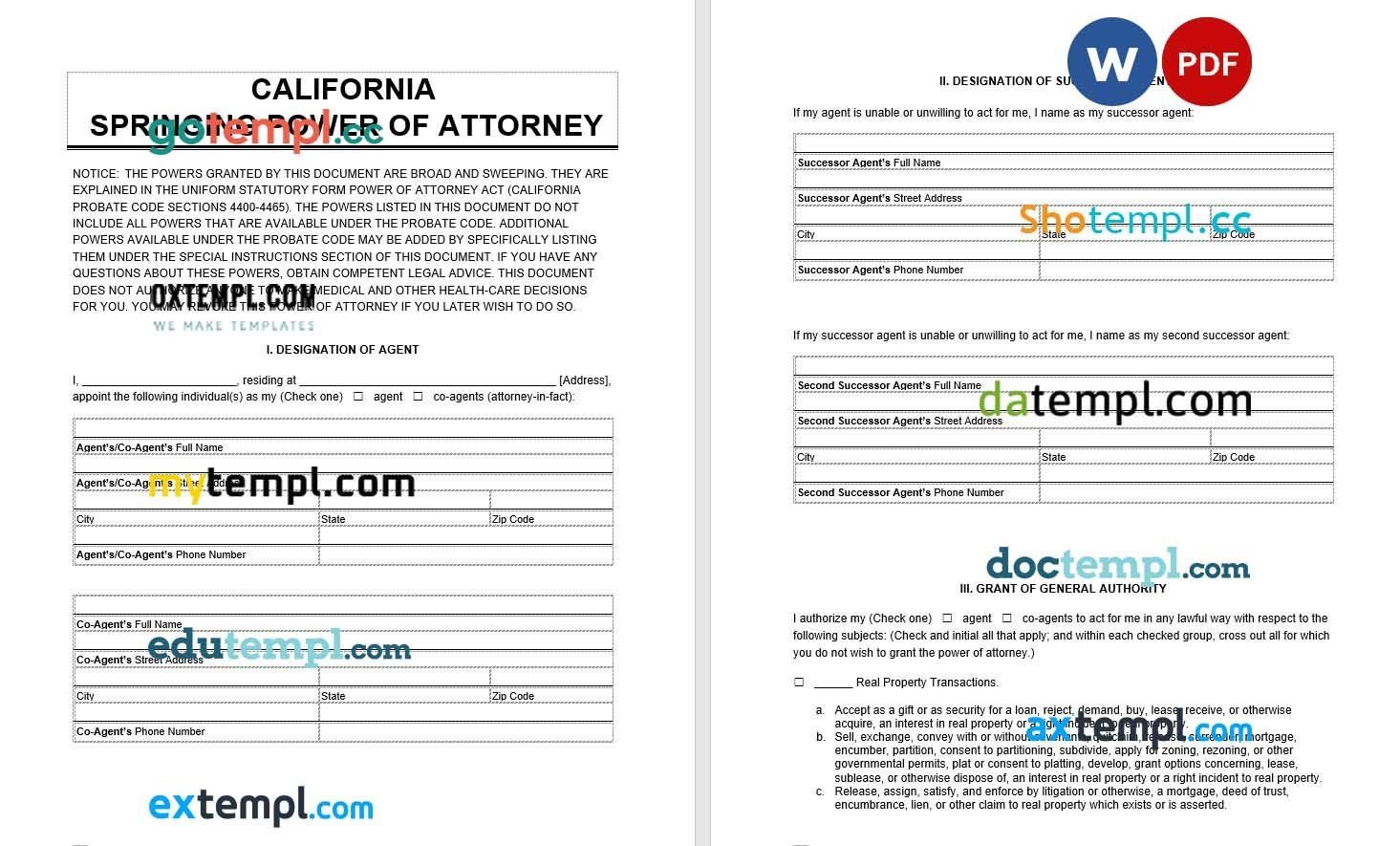 California Springing Power of Attorney example, fully editable