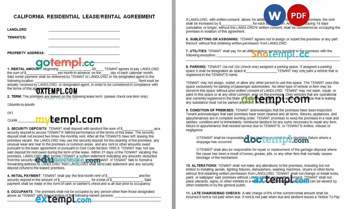 California Standard Residential Lease Agreement Word example, fully editable