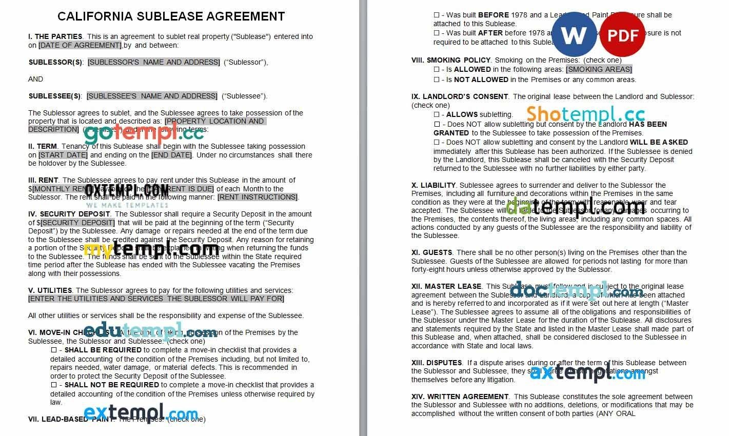 California Sublease Agreement Word example, fully editable
