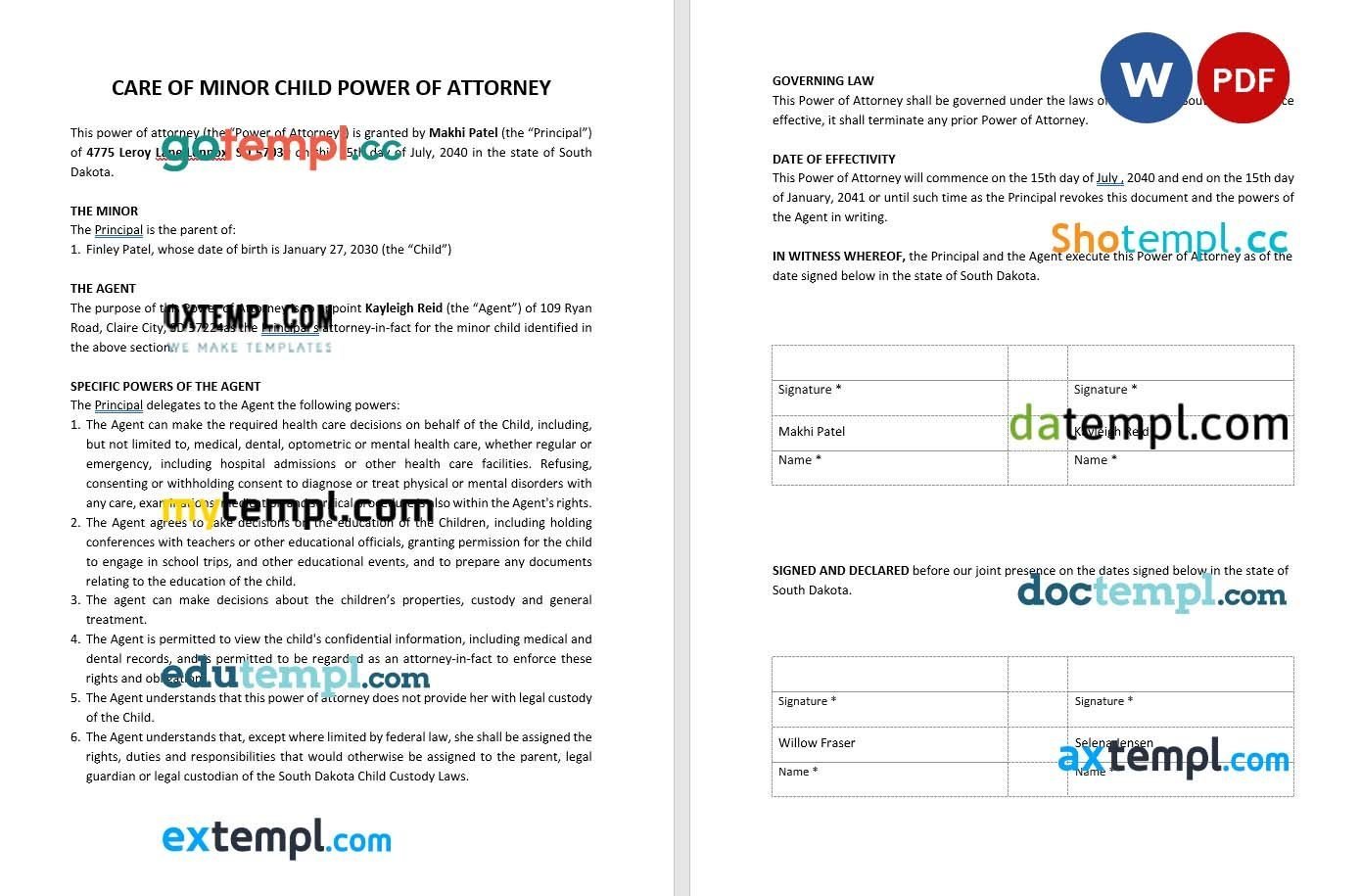 Care of Minor Child Power of Attorney Template, fully editable