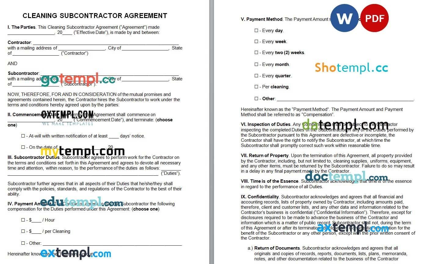 Cleaning Subcontractor Agreement Word example, fully editable