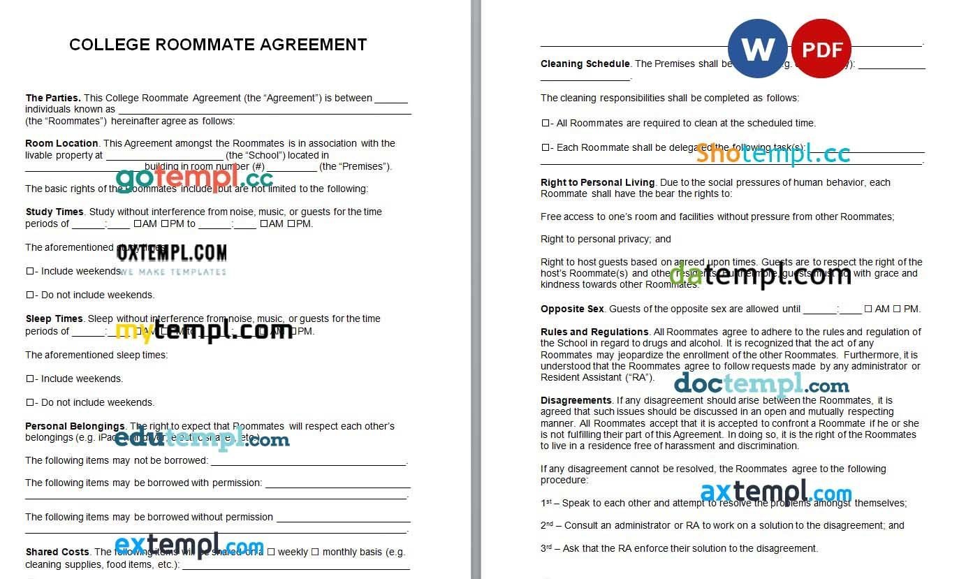 College Roommate Agreement Word example, fully editable