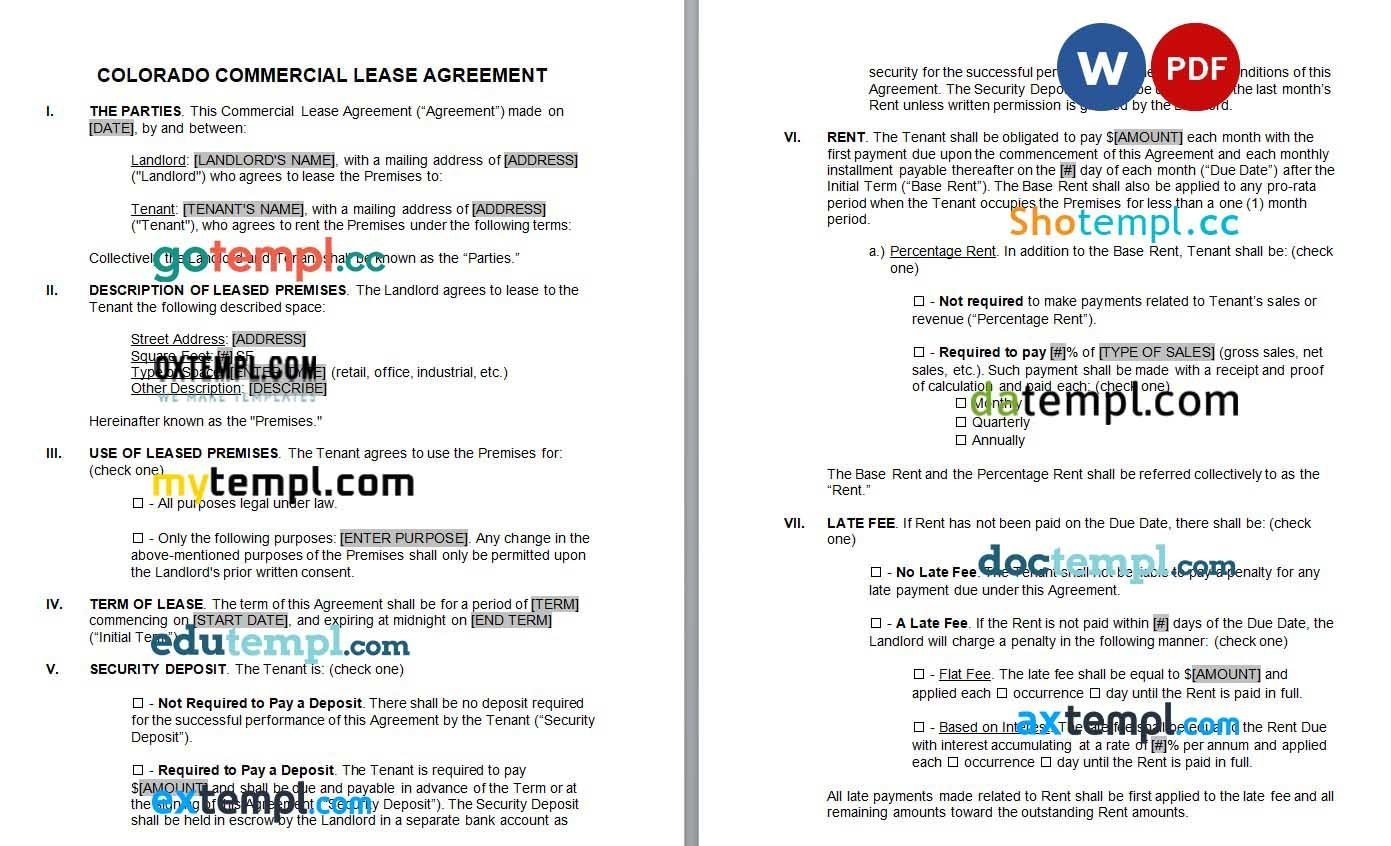 Colorado Commercial Lease Agreement Word example, fully editable