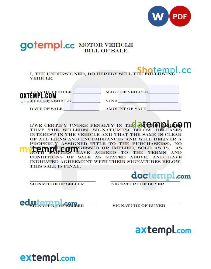 Colorado DMV Bill of Sale Form example, fully editable