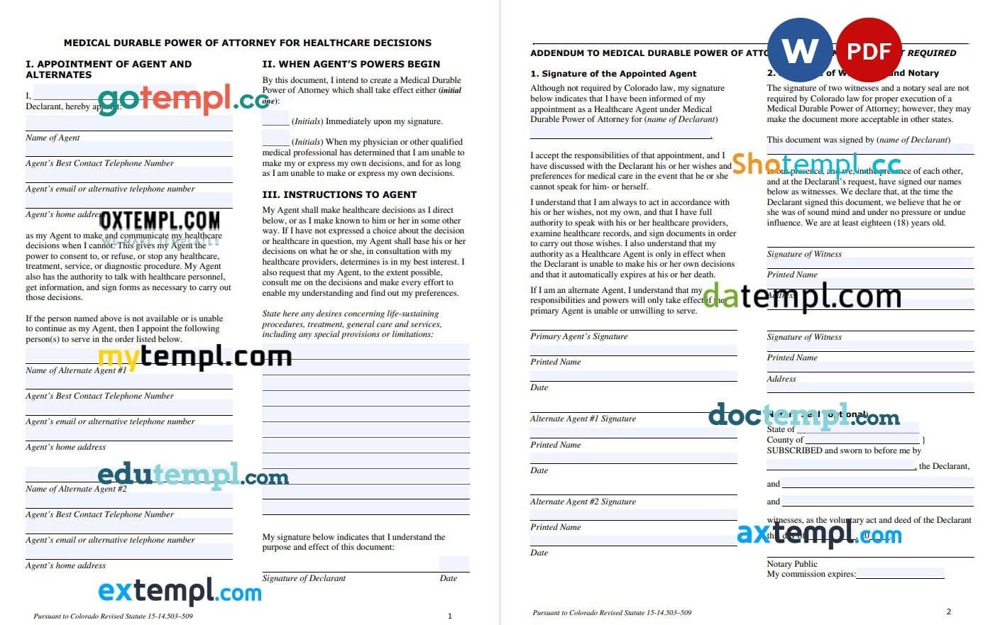 Colorado Medical Power of Attorney Form example, fully editable