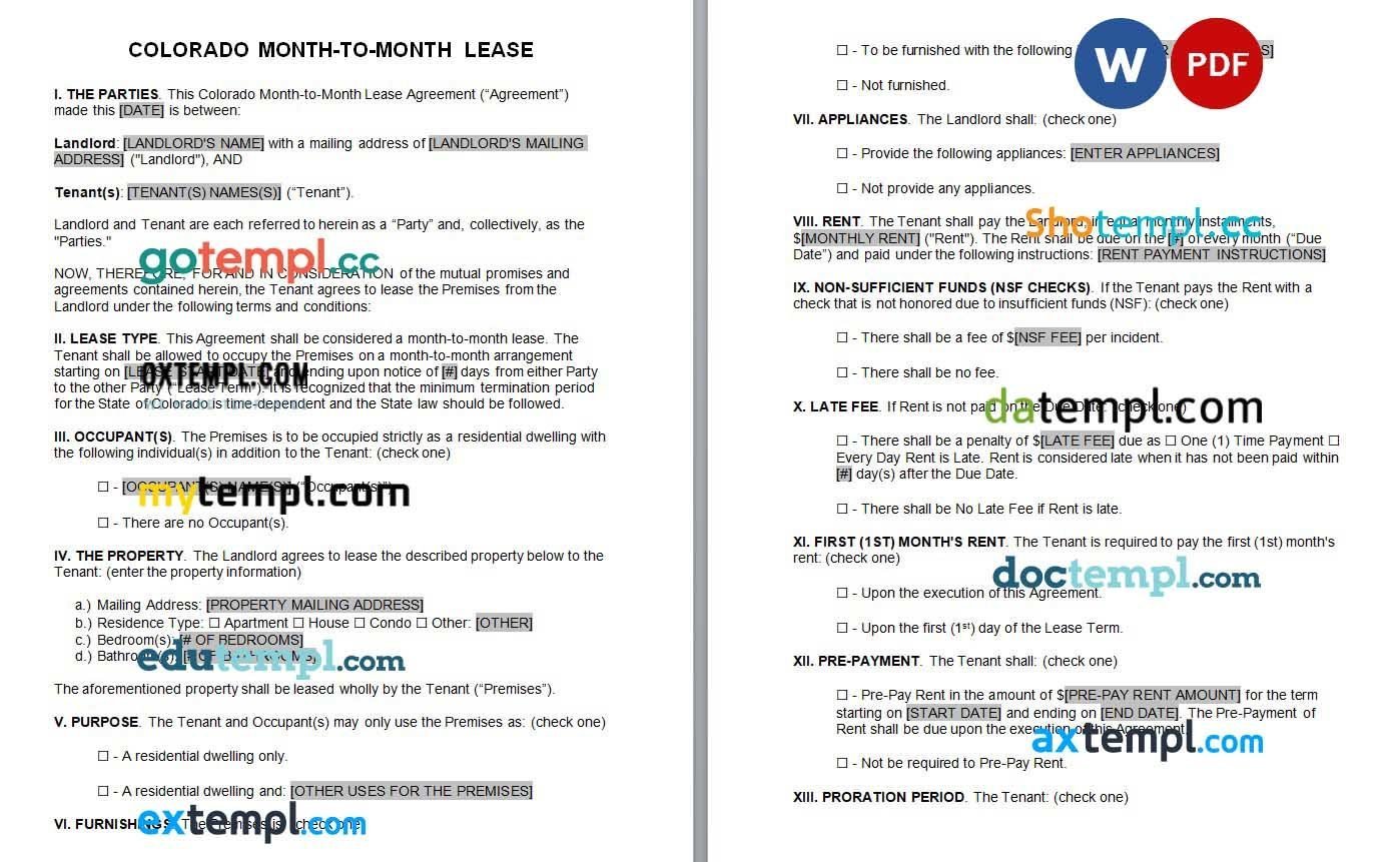 Colorado Month to Month Lease Agreement Word example, fully editable