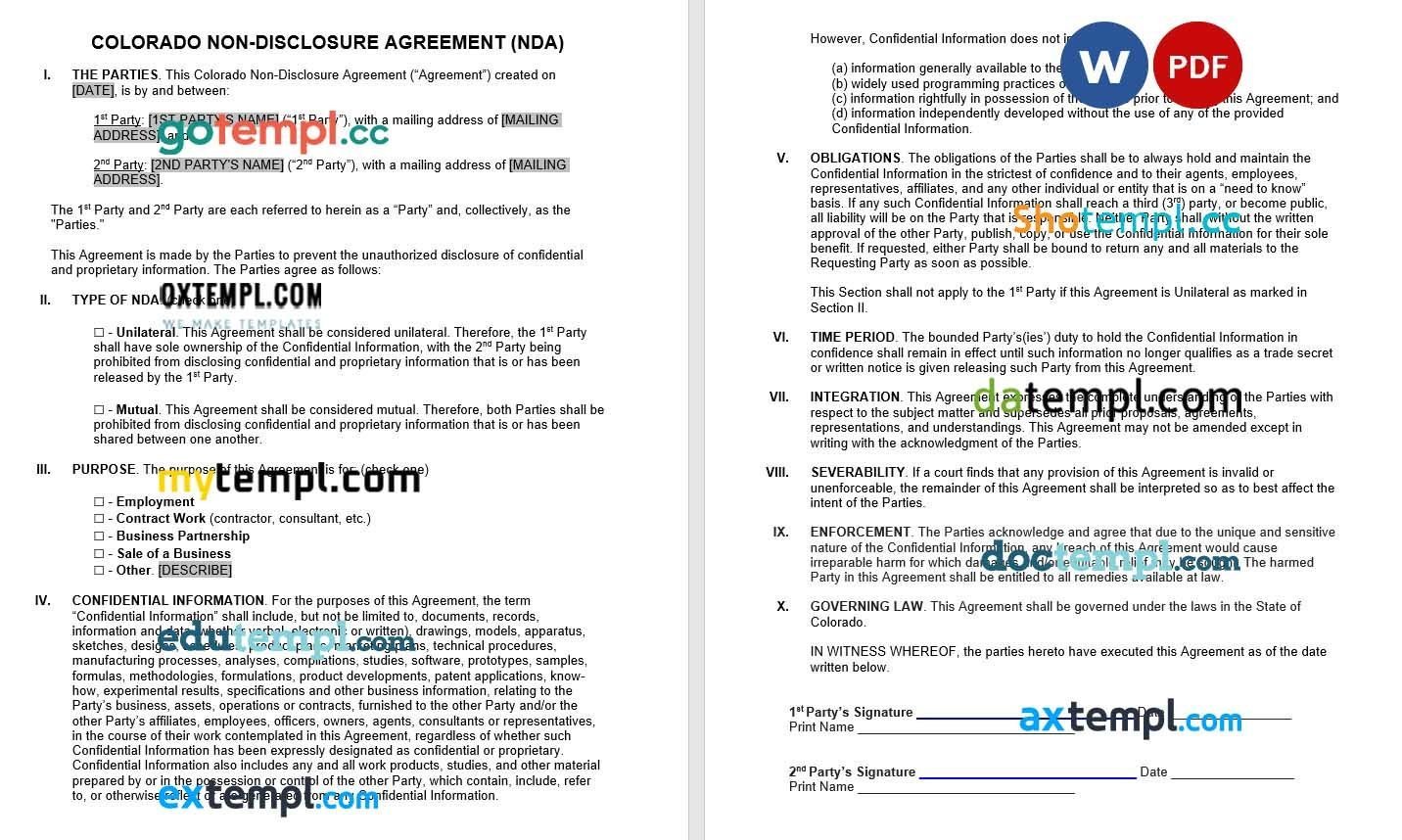 Colorado Non-Disclosure Agreement NDA Word example, completely editable